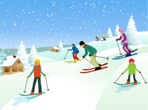 Winter family recreation time - cartoon winter sport background